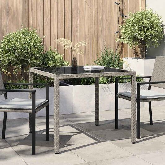 Garden Table 90x90x75 cm Tempered Glass and Gray Polyrattan