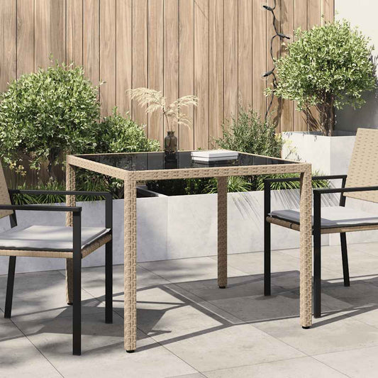 Tavolo Giardino 90x90x75 cm Vetro Temperato e Polyrattan Beige