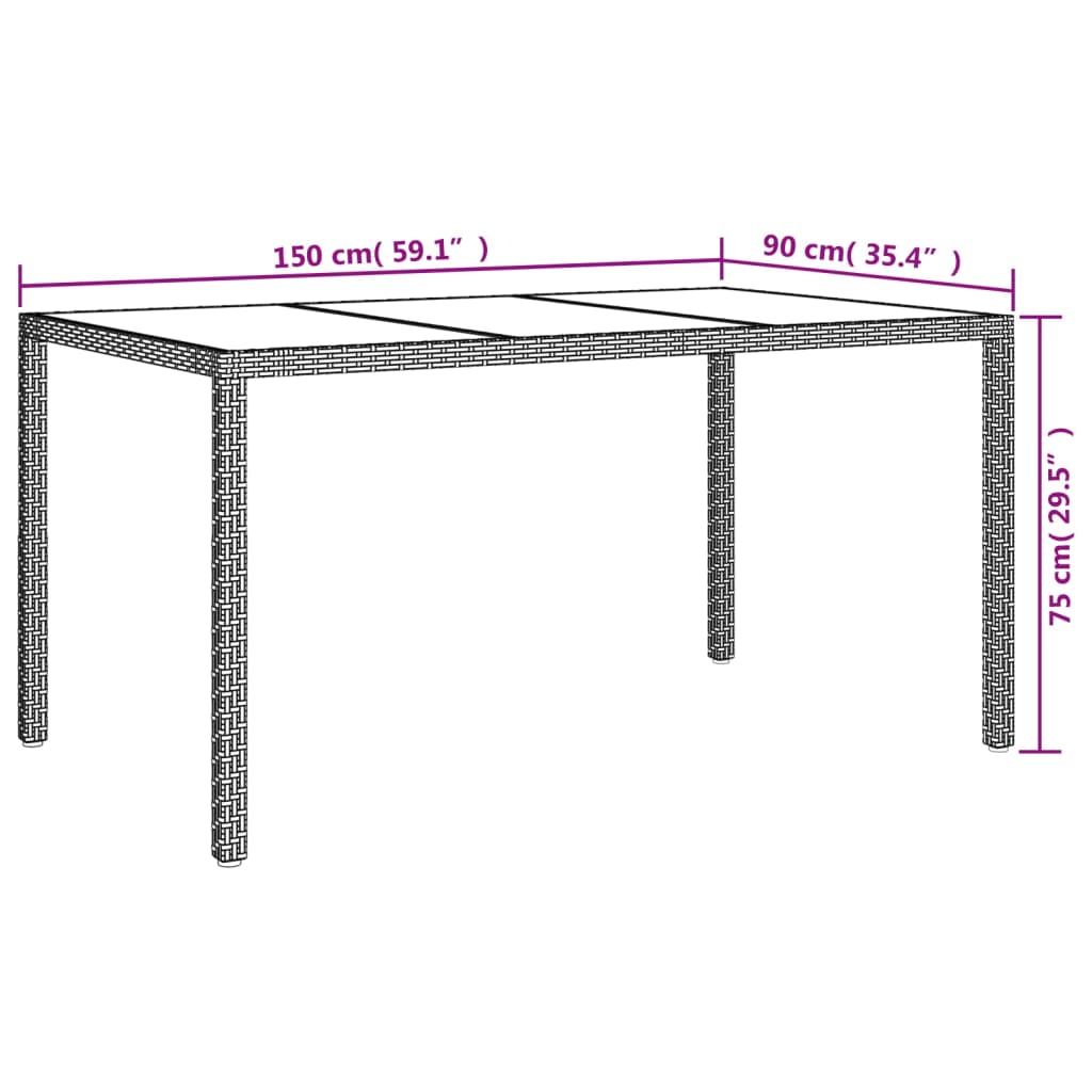 Garden Table 150x90x75cm White Polyrattan Tempered Glass