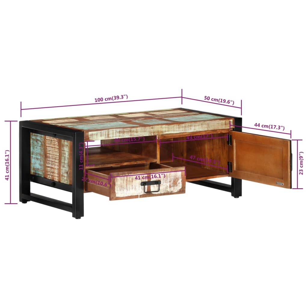 Tavolino da Salotto 100x50x41 cm in Legno Massello di Recupero | homemem39