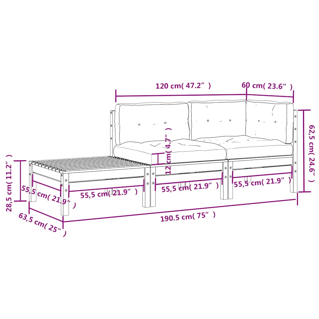 Set Divani da Giardino 3 pz con Cuscini Grigi Massello di Pino