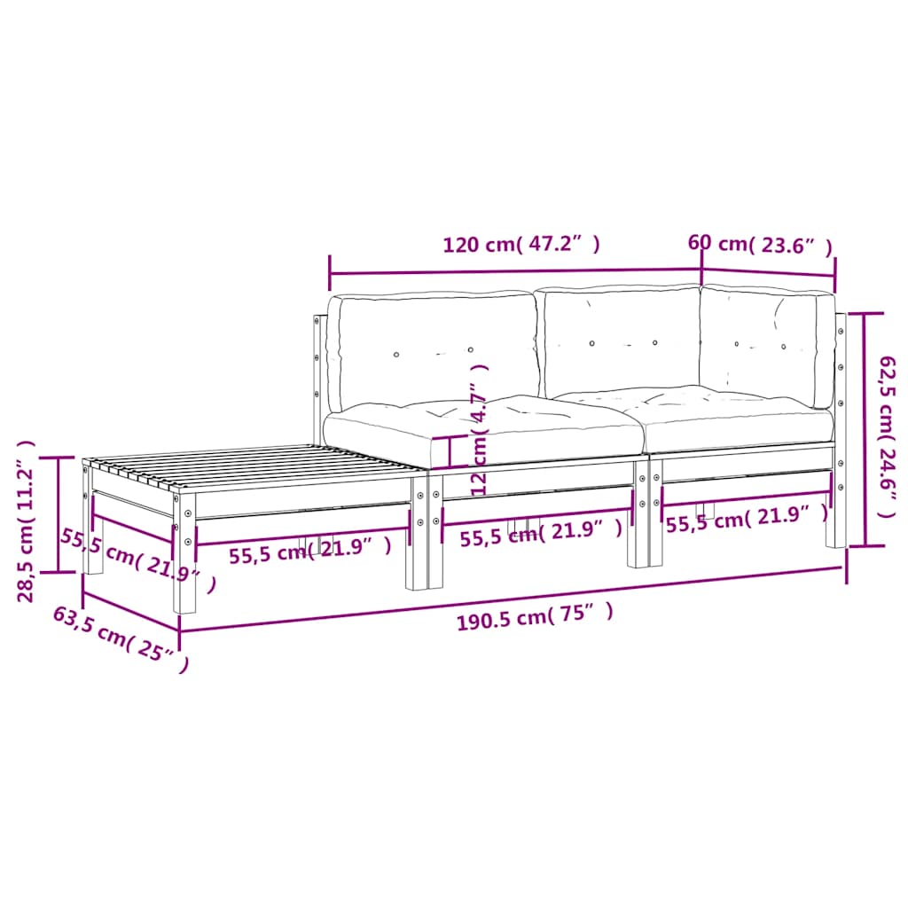 Set Divani da Giardino 3 pz con Cuscini Massello Pino Bianco | homemem39