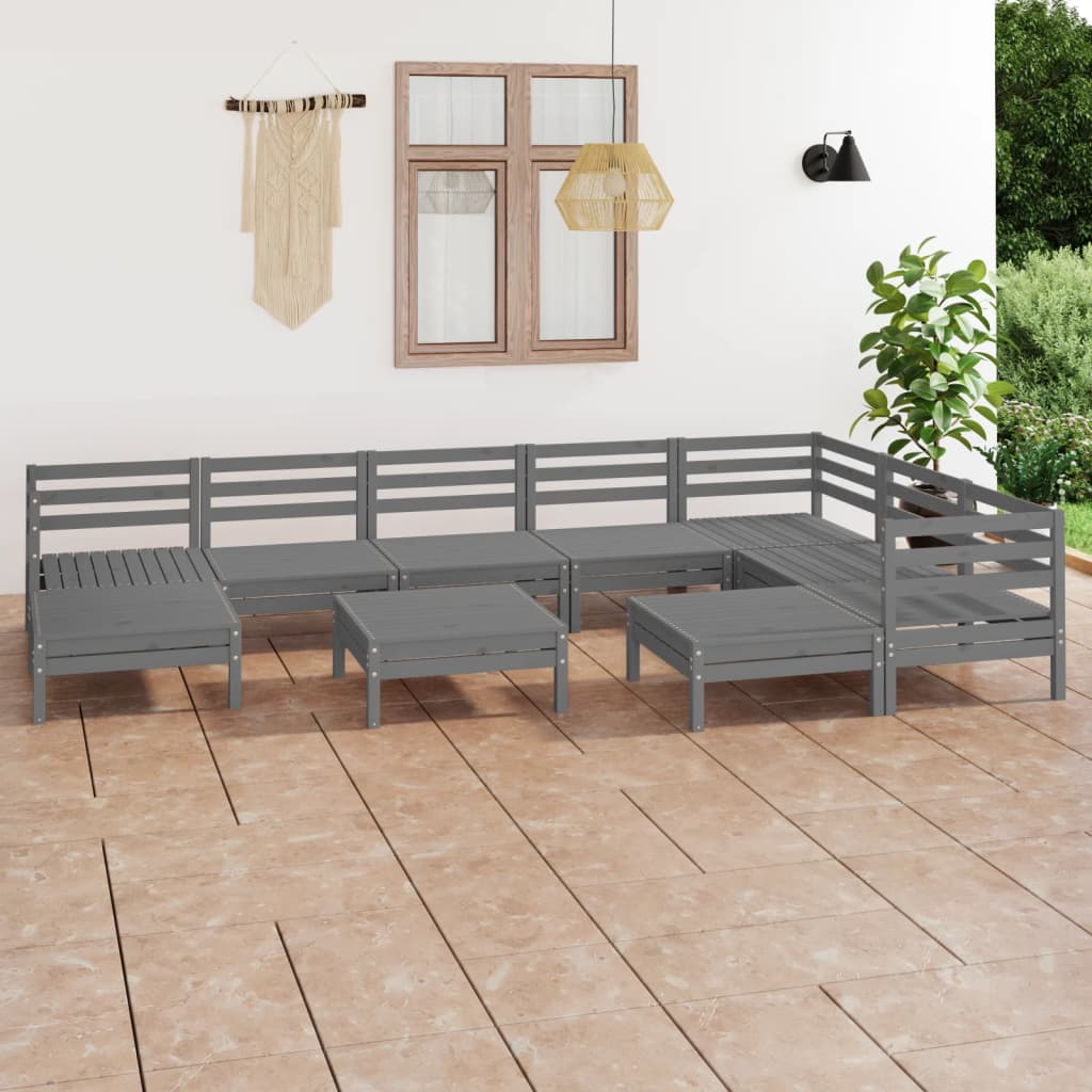 Set Salotto da Giardino 10 pz in Legno Massello di Pino Grigio - homemem39