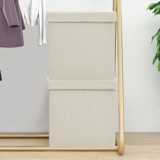 Pouf con Contenitore Pieghevoli 2 pz Bianco Crema in Simil Lino - homemem39