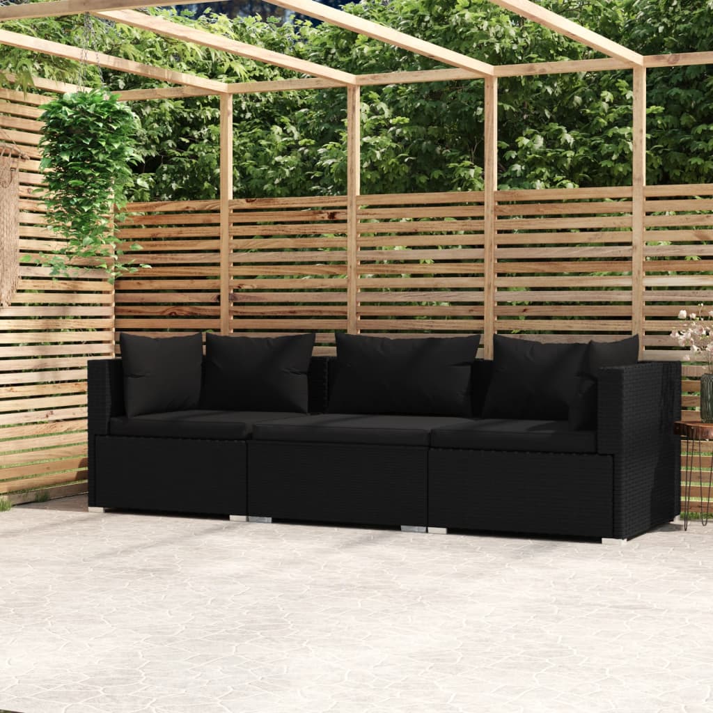 Divano a 3 Posti con Cuscini in Polyrattan Nero - homemem39