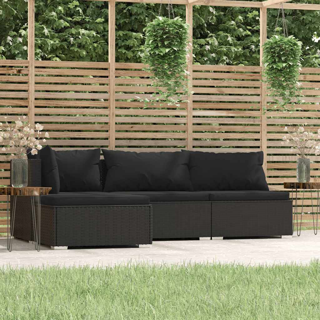 Set Divani da Giardino 4 pz con Cuscini in Polyrattan Nero | homemem39