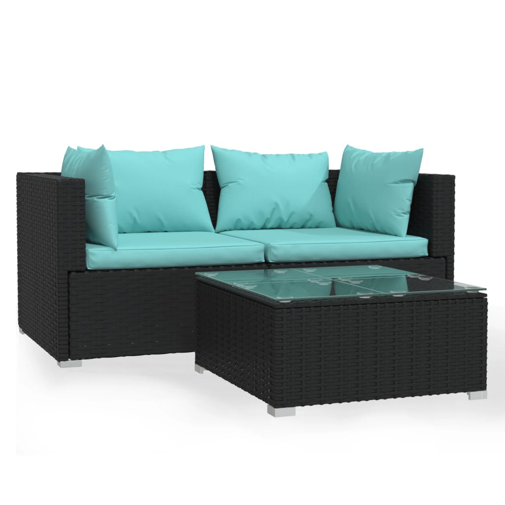 Set Divani da Giardino 3 pz con Cuscini in Polyrattan Nero | homemem39