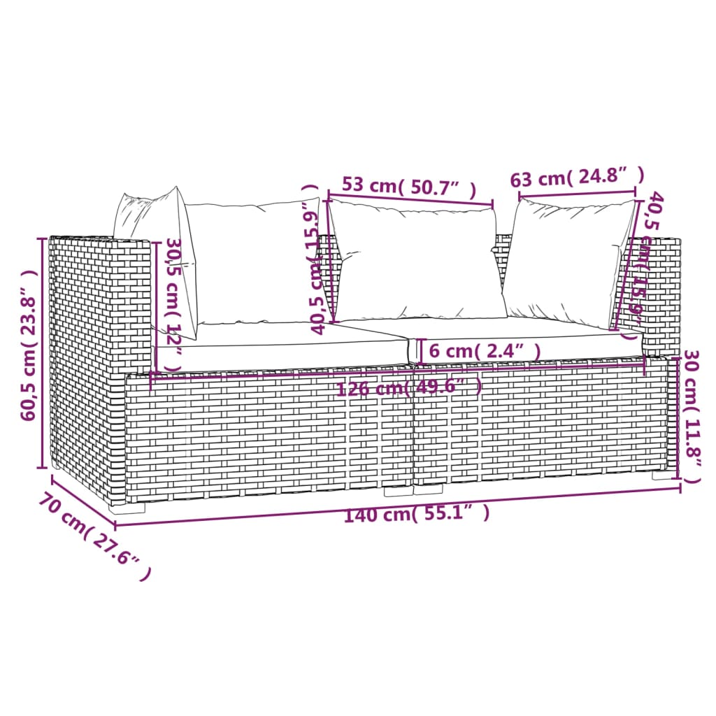 Set Divani da Giardino 3 pz con Cuscini in Polyrattan Nero | homemem39