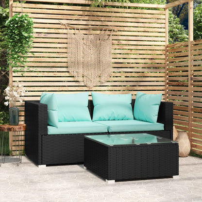 Set Divani da Giardino 3 pz con Cuscini in Polyrattan Nero | homemem39