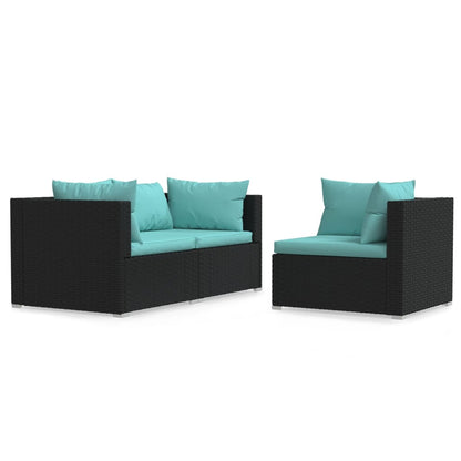 Set Divani da Giardino 3 pz con Cuscini Nero in Polyrattan - homemem39