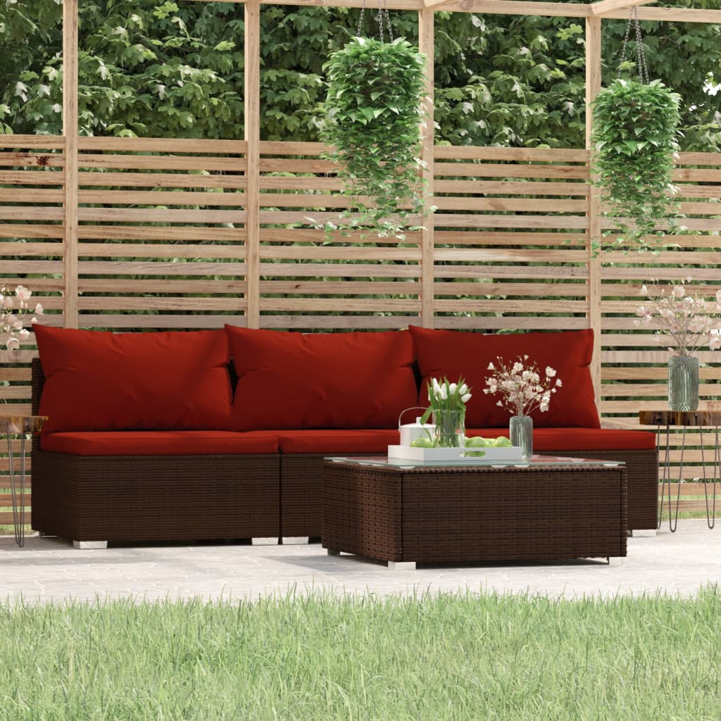 Set Mobili da Giardino 4 pz con Cuscini in Polyrattan Marrone | homemem39