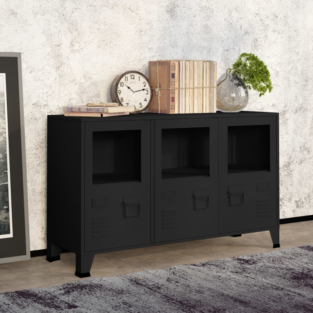 Credenza Nera Industriale 105x35x62 cm in Metallo e Vetro | homemem39