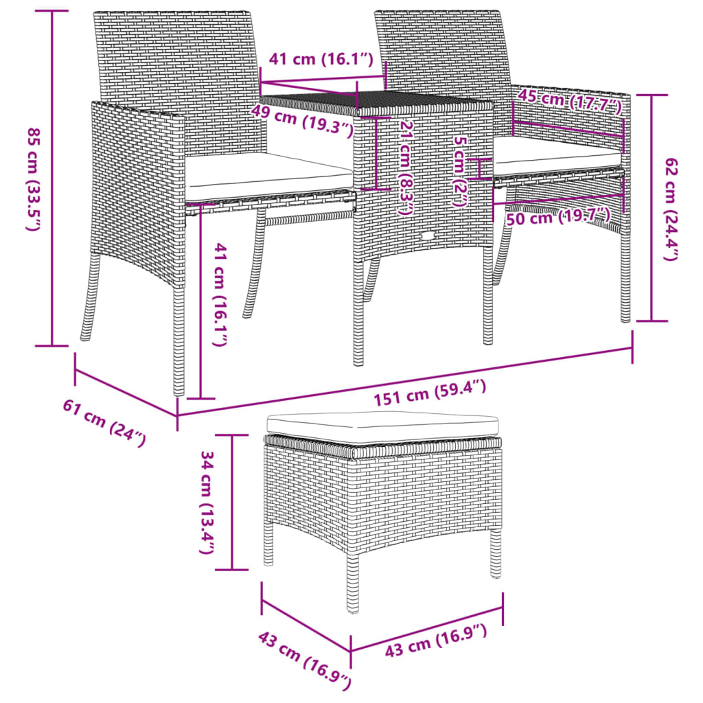 Divano Giardino 2 Posti con Tavolo e Sgabelli Grigio Polyrattan | homemem39