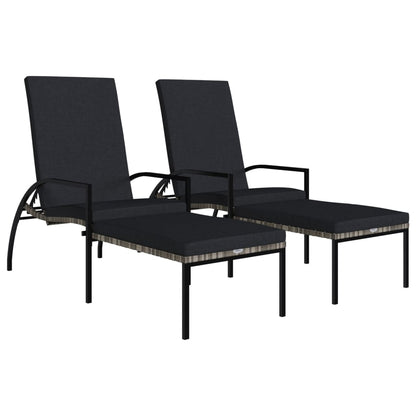 2 pcs Sun Loungers with Footrest in Gray PE Rattan
