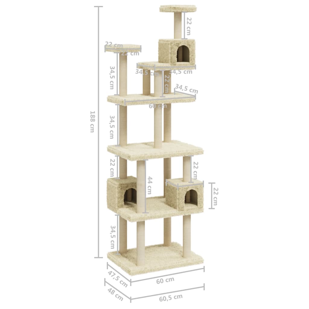 Albero per Gatti con Tiragraffi in Sisal Crema 188 cm - homemem39