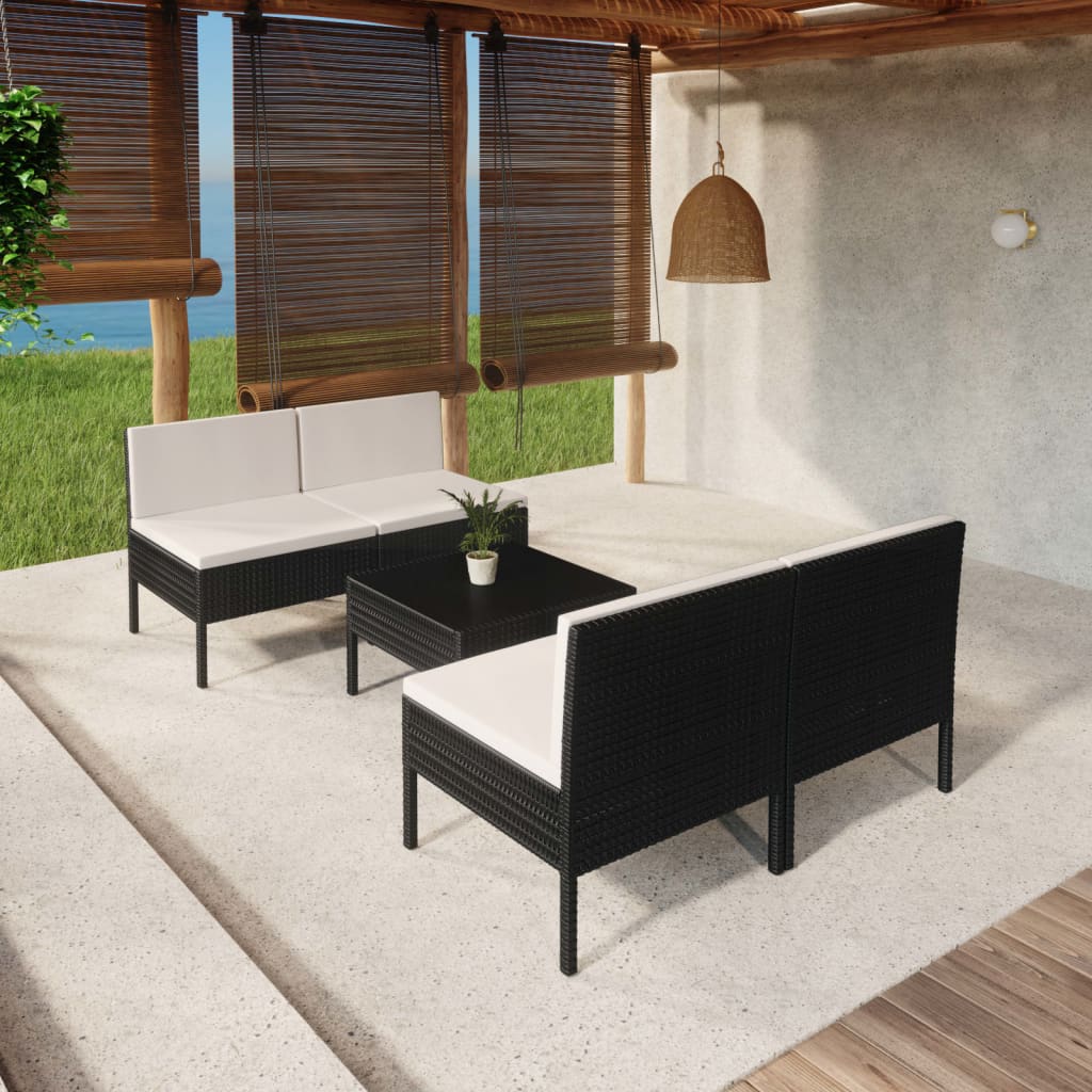 Set Divani da Giardino 5 pz con Cuscini in Polyrattan Nero | homemem39