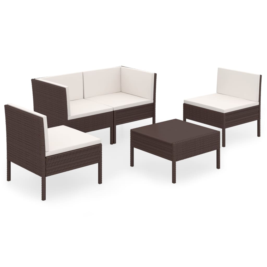Set Divani da Giardino 5 pz con Cuscini in Polyrattan Marrone | homemem39