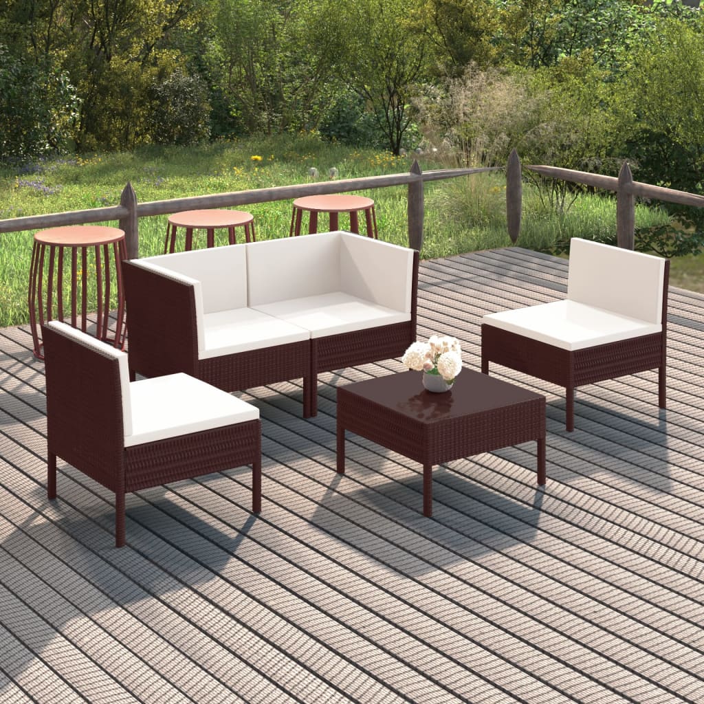 Set Divani da Giardino 5 pz con Cuscini in Polyrattan Marrone | homemem39