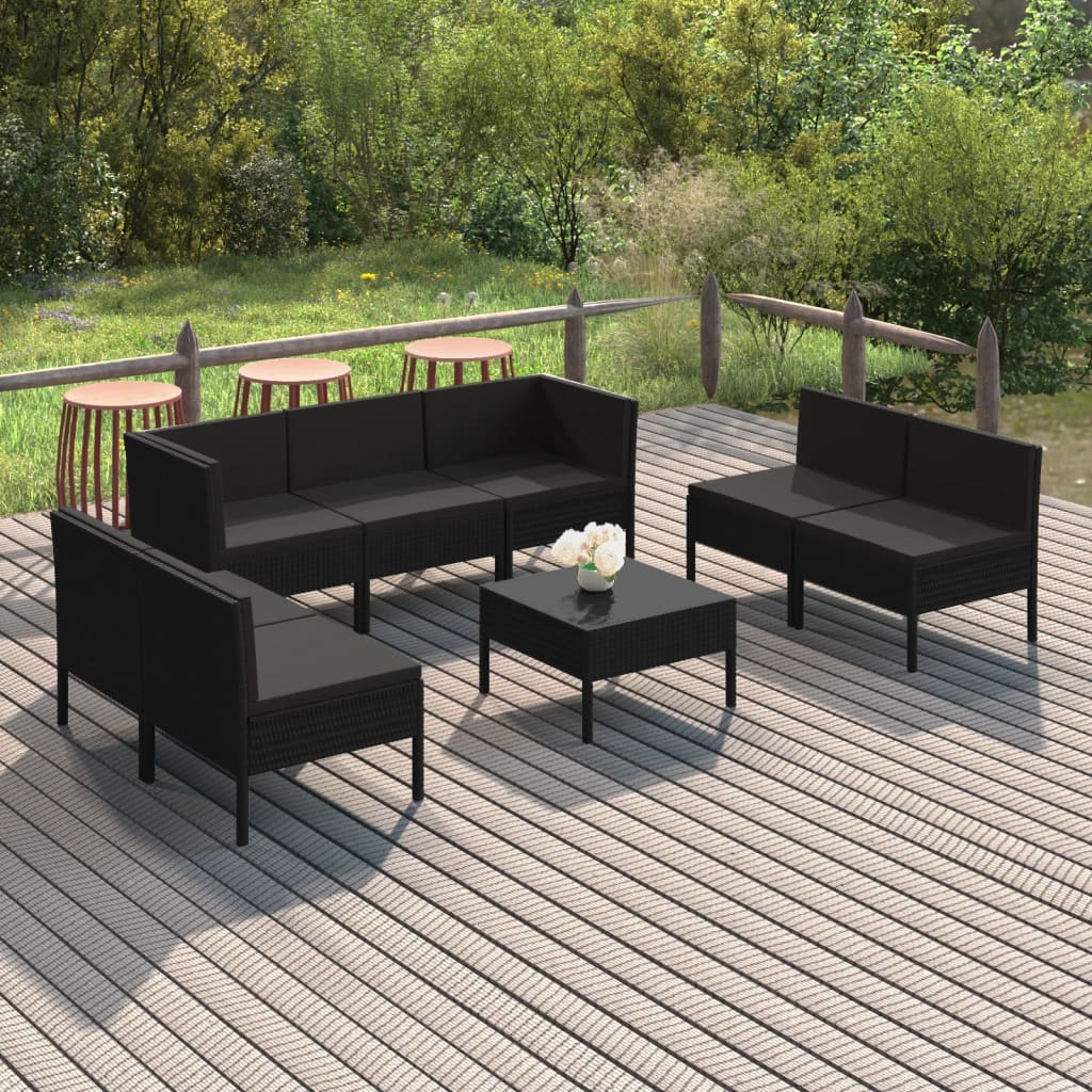 Set Divani da Giardino 8 pz con Cuscini in Polyrattan Nero | homemem39