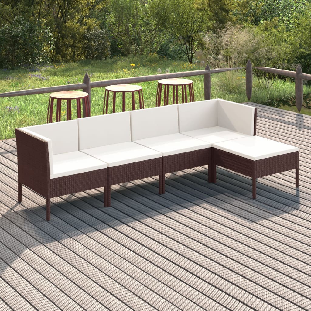 Set Divani da Giardino 5 pz con Cuscini in Polyrattan Marrone | homemem39