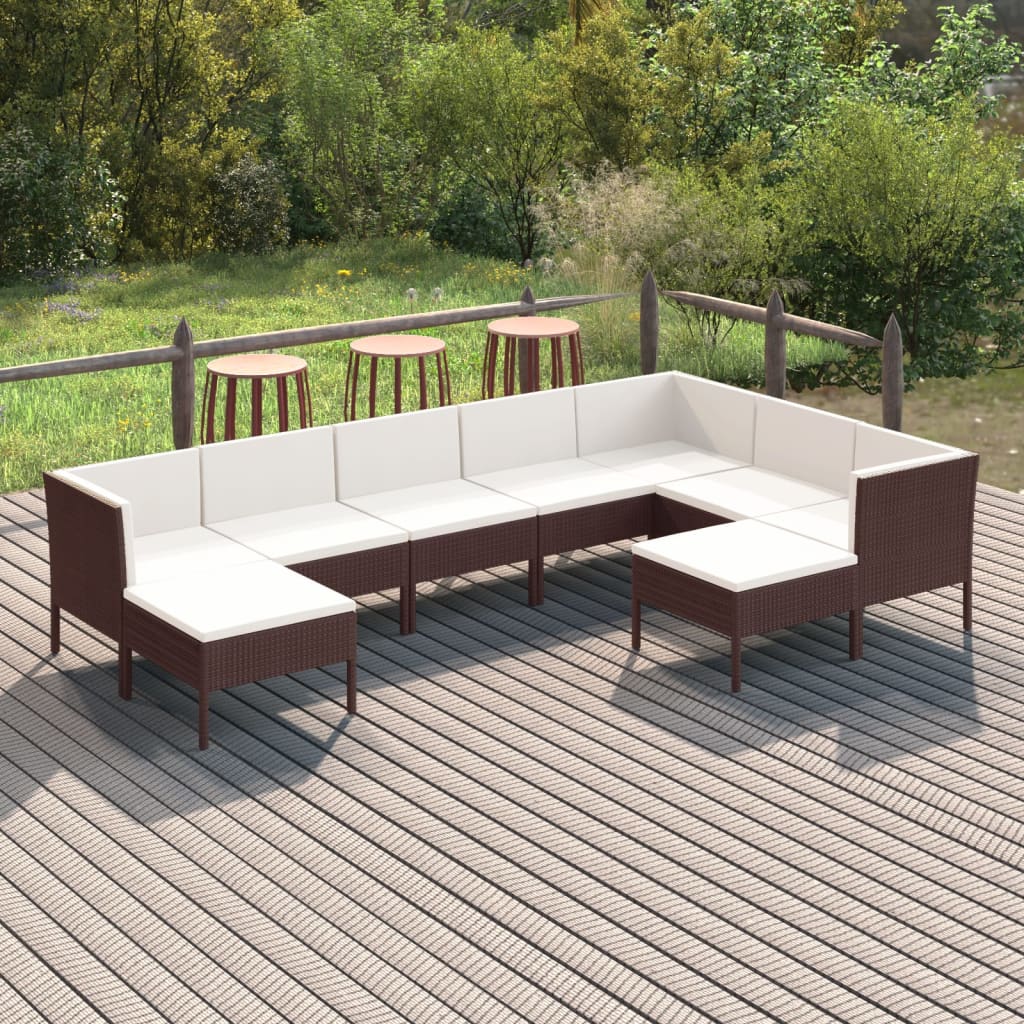 Set Divani da Giardino 9 pz con Cuscini in Polyrattan Marrone | homemem39