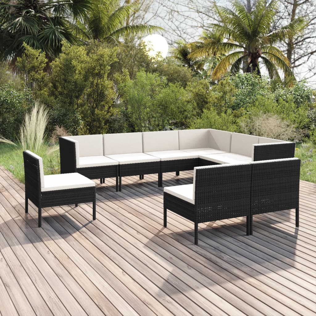 Set Divani da Giardino 9 pz con Cuscini in Polyrattan Nero | homemem39