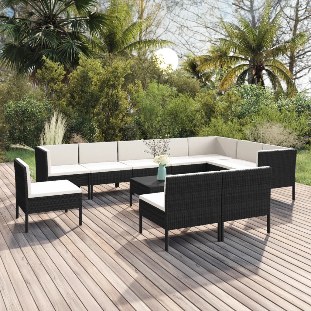 Set Divani da Giardino 11 pz con Cuscini in Polyrattan Nero | homemem39