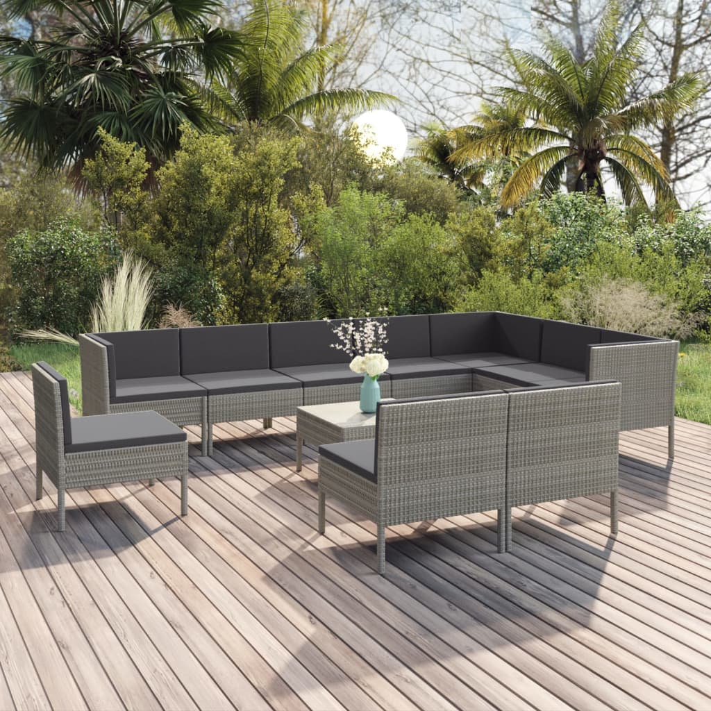 Set Divani da Giardino 11 pz con Cuscini in Polyrattan Grigio | homemem39