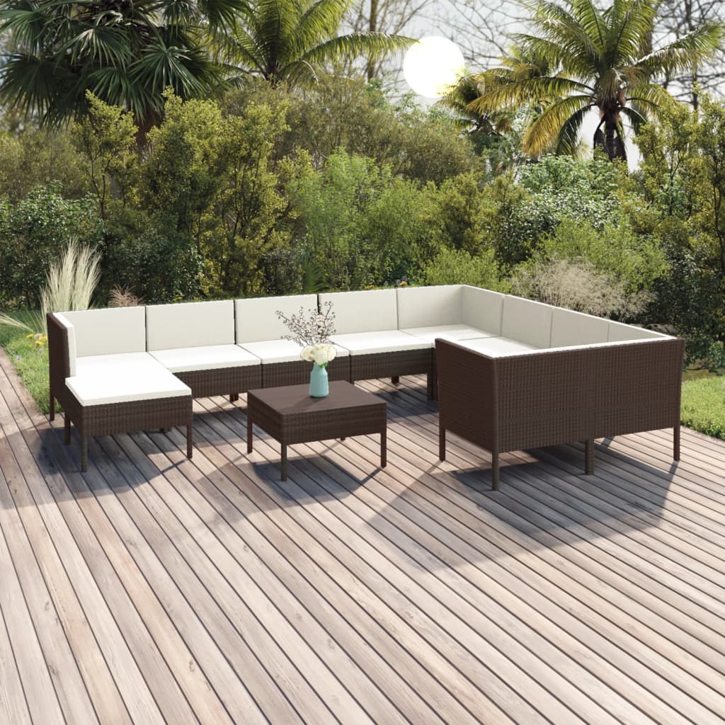 Set Divani da Giardino 11 pz con Cuscini in Polyrattan Marrone