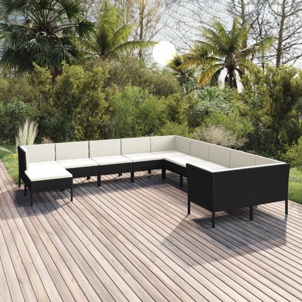 Set Divani da Giardino 11 pz con Cuscini in Polyrattan Nero | homemem39
