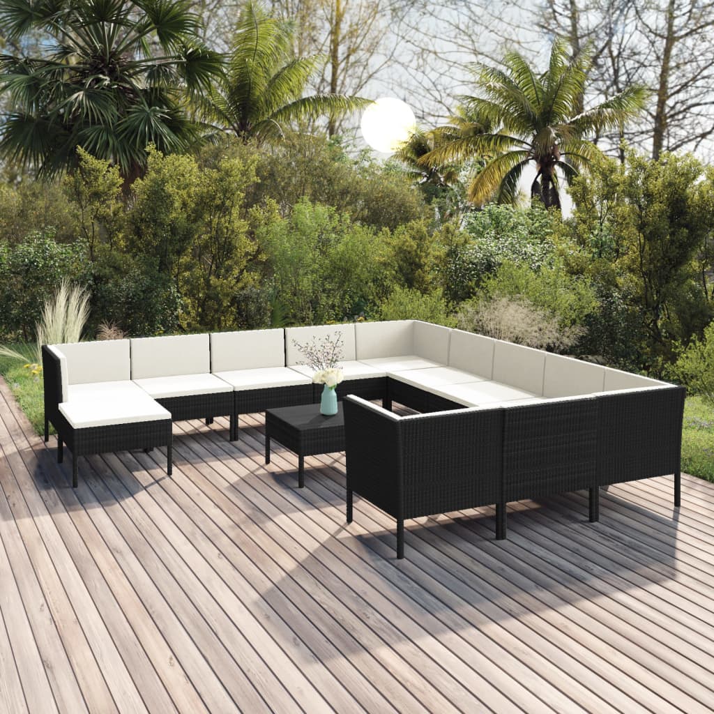 Set Divani da Giardino 13 pz con Cuscini in Polyrattan Nero | homemem39