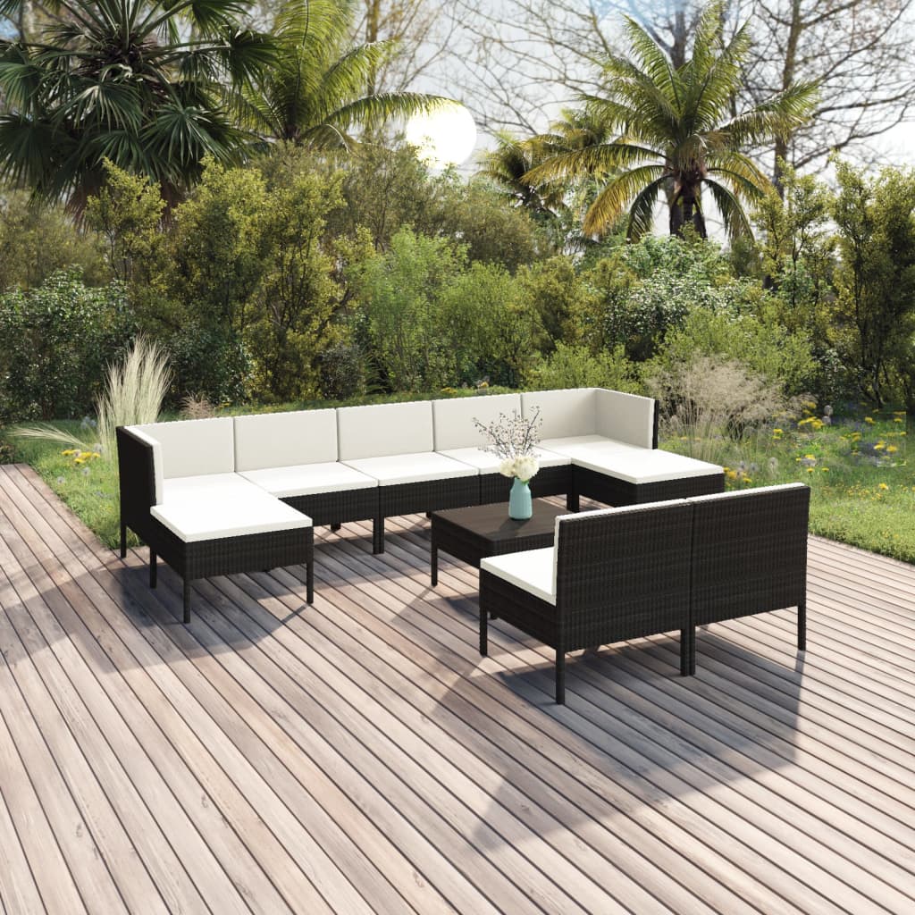 Set Divani da Giardino 10 pz con Cuscini in Polyrattan Nero | homemem39