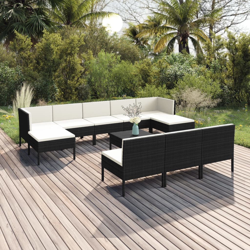 Set Divani da Giardino 11 pz con Cuscini in Polyrattan Nero | homemem39