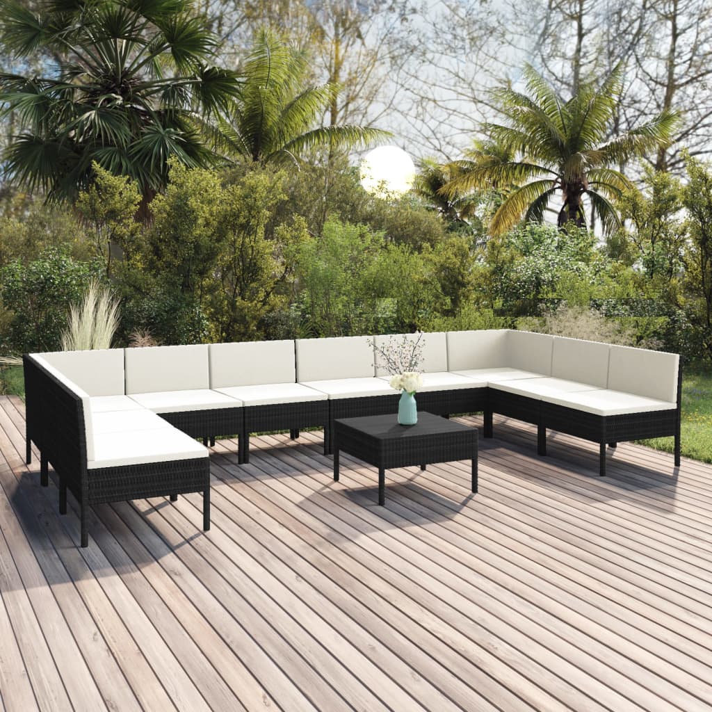 Set Divani da Giardino 11 pz con Cuscini in Polyrattan Nero | homemem39
