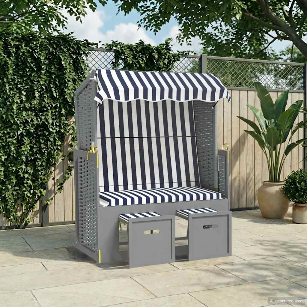 Strandkorb con Tettoia Polyrattan e Legno Massello Blu e Bianco | homemem39