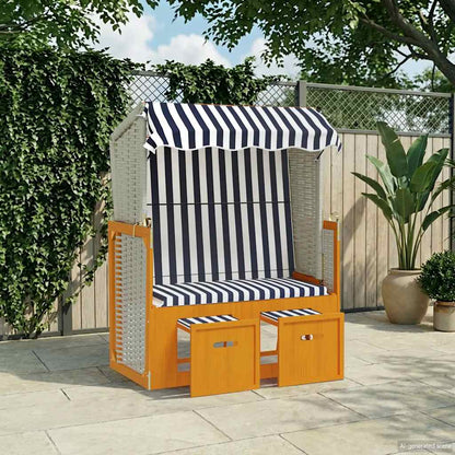 Strandkorb con Tettoia Polyrattan e Legno Massello Bianco e Blu | homemem39