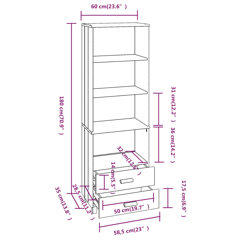 Credenza HAMAR Miele 60x35x180 cm in Legno Massello di Pino - homemem39