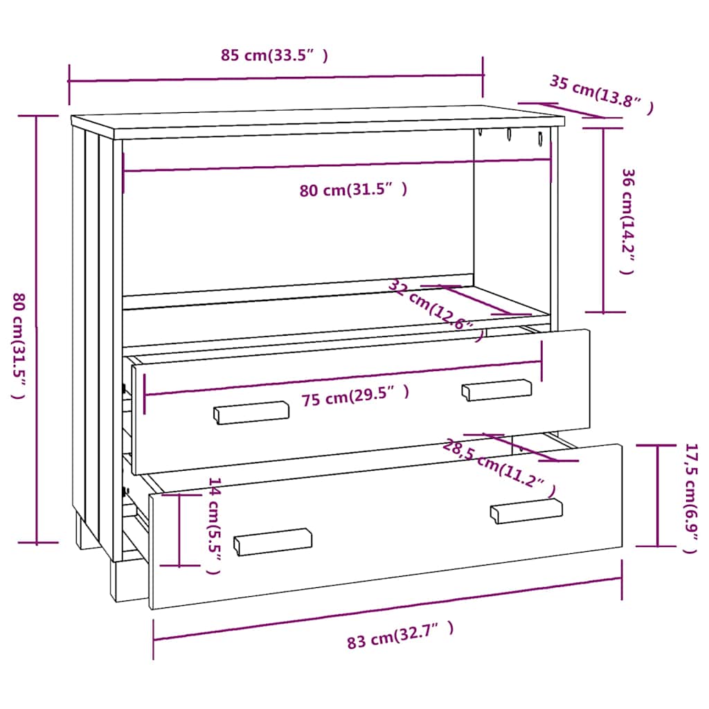 Credenza HAMAR ambra 85x35x80 cm in Legno Massello di Pino