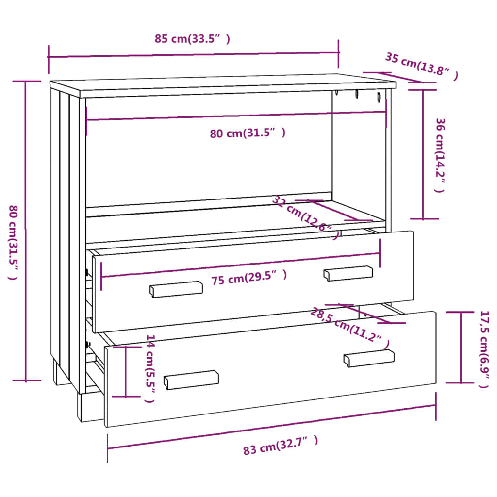 Credenza HAMAR Grigio Scuro 85x35x80 cm Legno Massello di Pino - homemem39