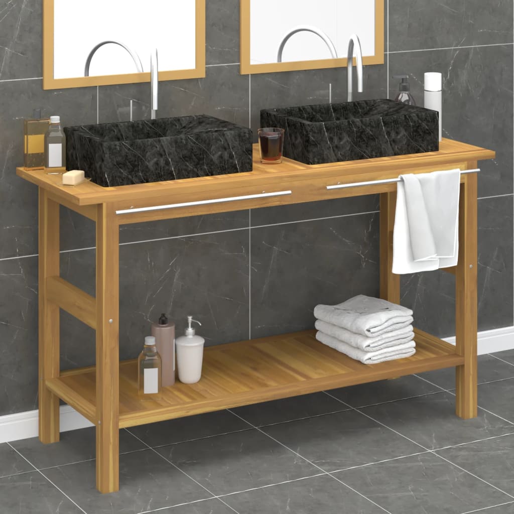 Mobile Vanità Bagno e Lavandini Marmo Nero Legno Massello Teak | homemem39