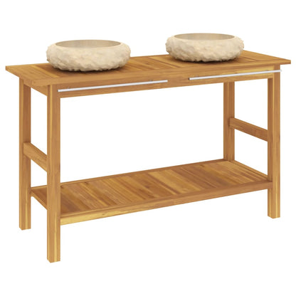 Mobile Vanità Bagno e Lavandini Marmo Crema Legno Massello Teak | homemem39