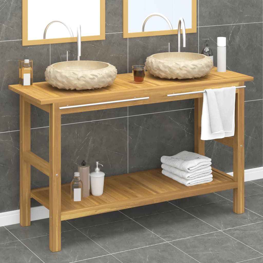 Mobile Vanità Bagno e Lavandini Marmo Crema Legno Massello Teak | homemem39