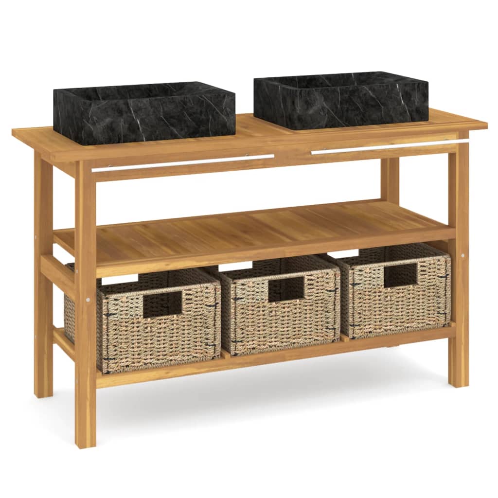 Mobile Vanità Bagno e Lavandini Marmo Nero Legno Massello Teak | homemem39
