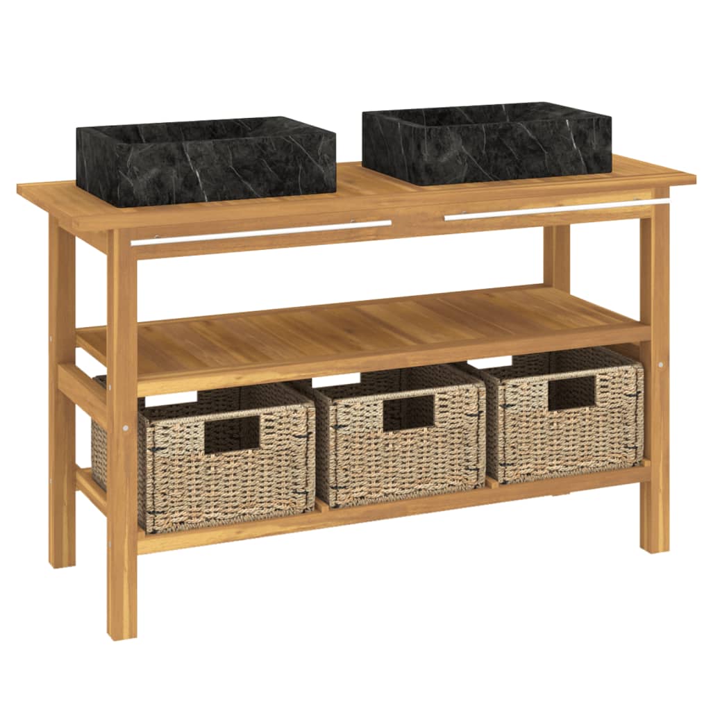 Mobile Vanità Bagno e Lavandini Marmo Nero Legno Massello Teak | homemem39