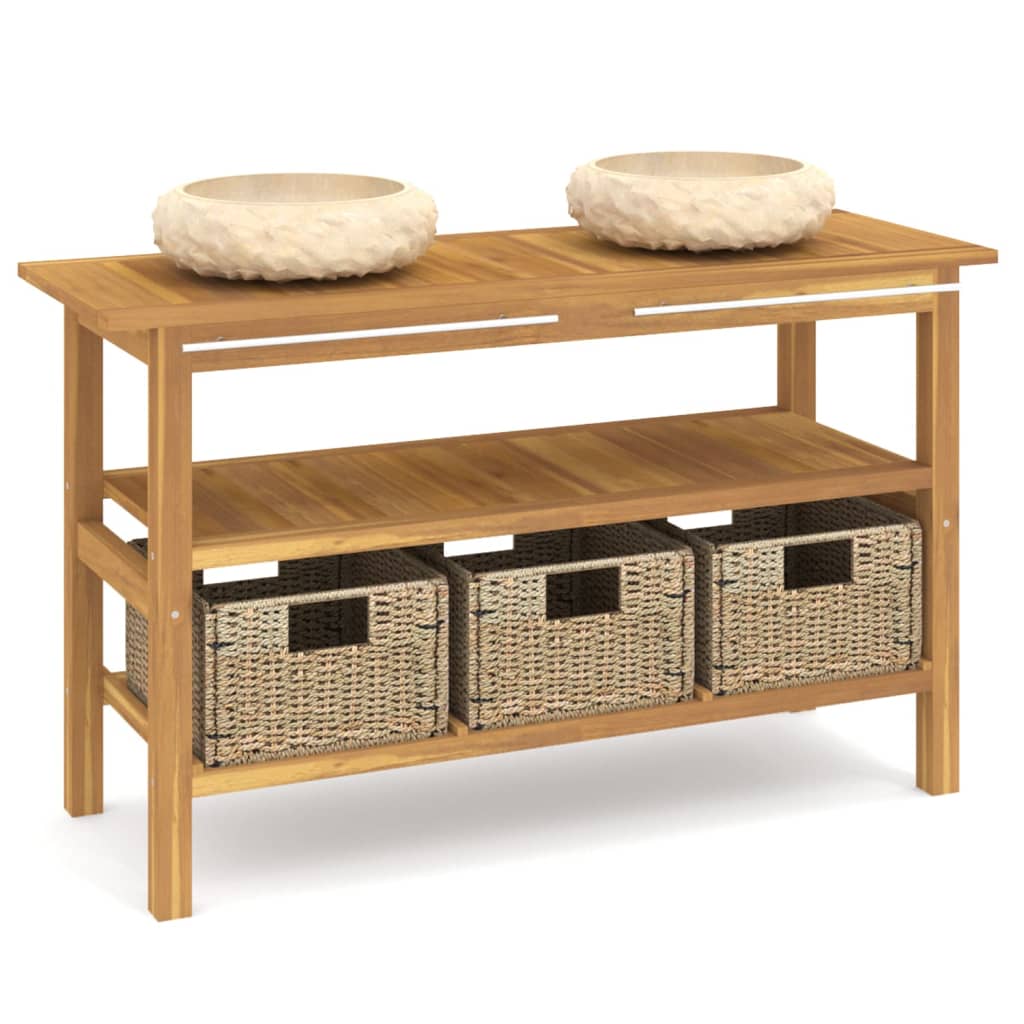 Mobile Vanità Bagno e Lavandini Marmo Crema Legno Massello Teak | homemem39