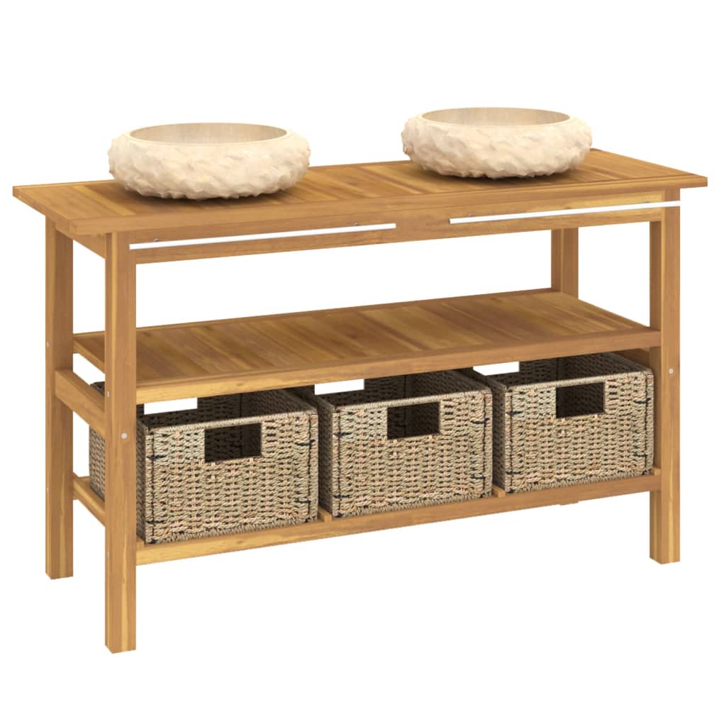 Mobile Vanità Bagno e Lavandini Marmo Crema Legno Massello Teak | homemem39