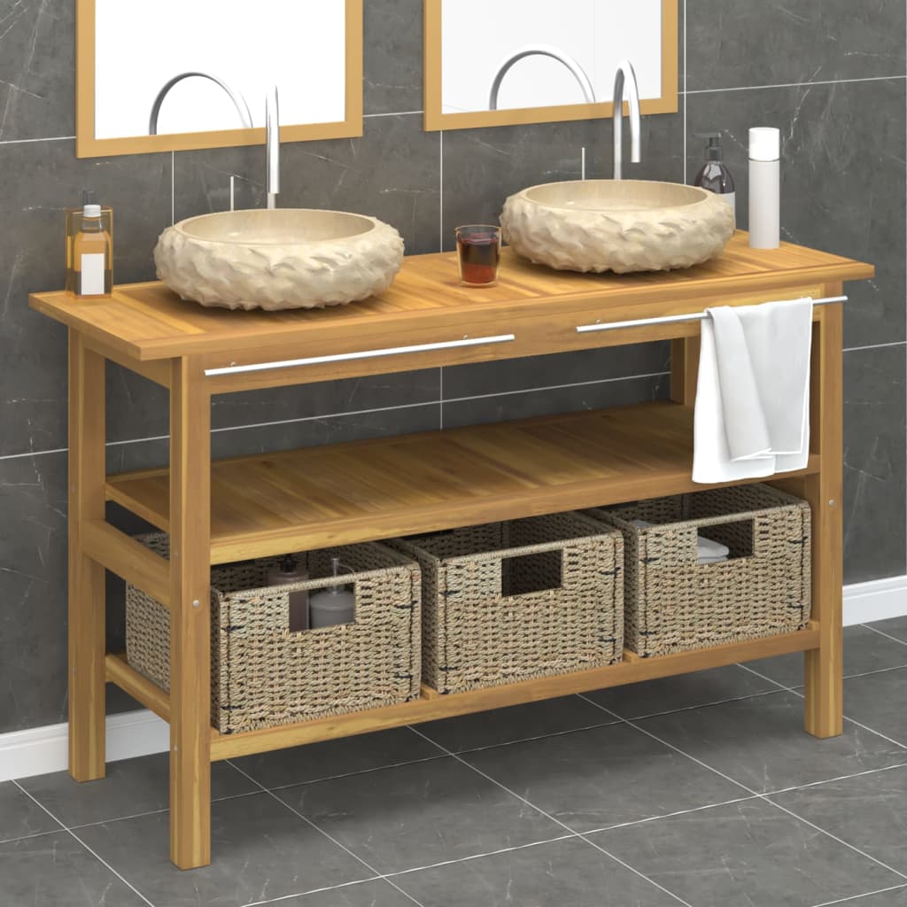 Mobile Vanità Bagno e Lavandini Marmo Crema Legno Massello Teak | homemem39