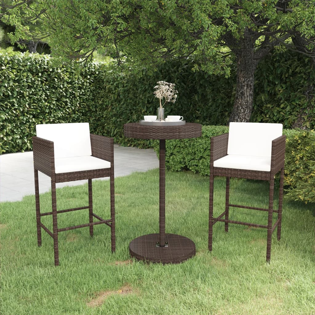 Set Bar da Giardino 3 pz con Cuscini Polyrattan Marrone - homemem39