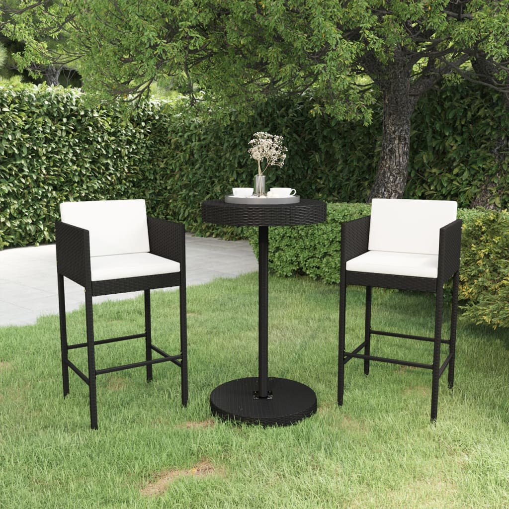 Set Bar da Giardino 3 pz con Cuscini Polyrattan Nero - homemem39