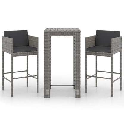 Set Bar da Giardino 3 pz con Cuscini in Polyrattan Grigio